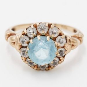Vintage Estate 14k Aquamarine & Diamond Halo ring